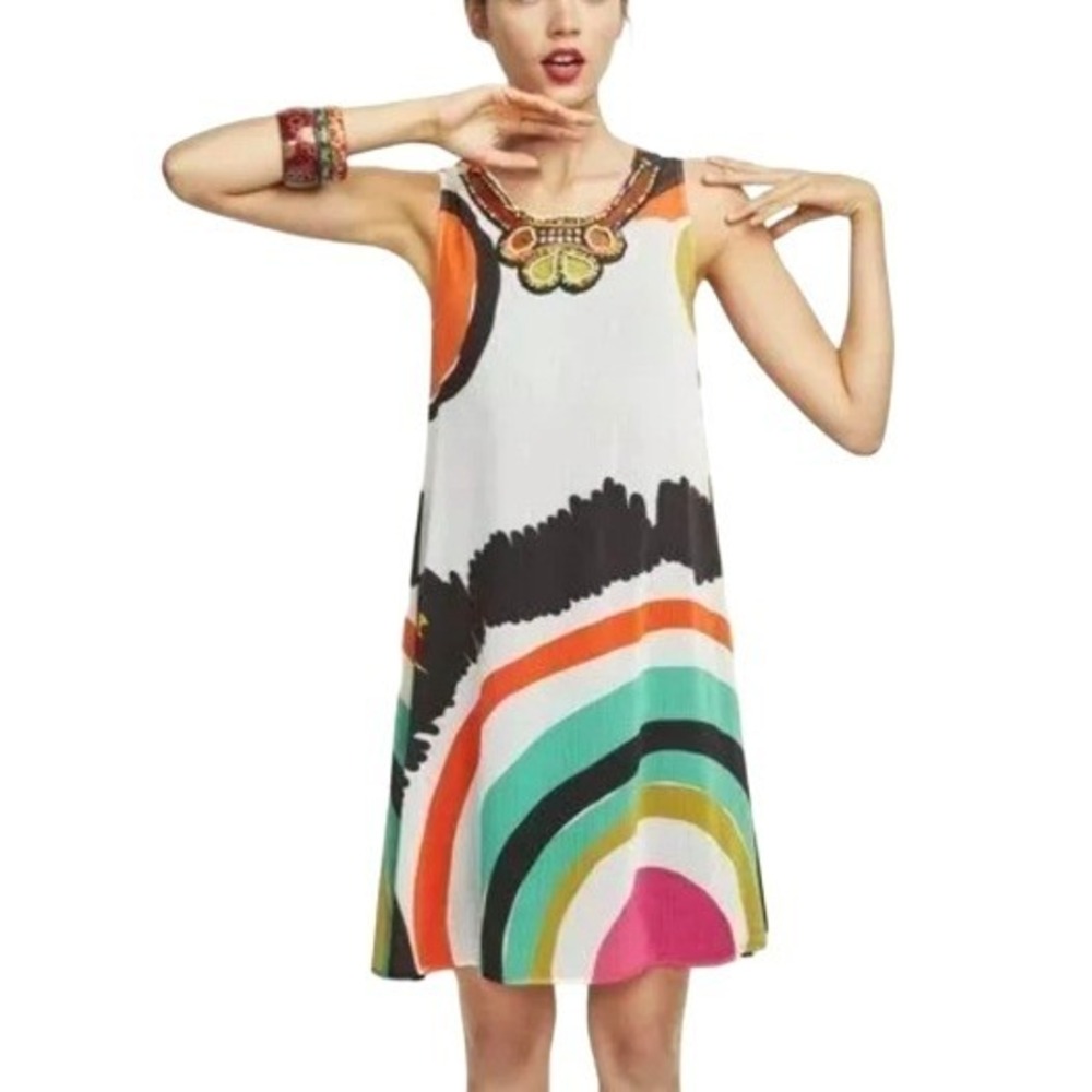 Desigual Lecroix Raquel Sheer Abstract Print Beaded Artist Boho Beach Dress 36